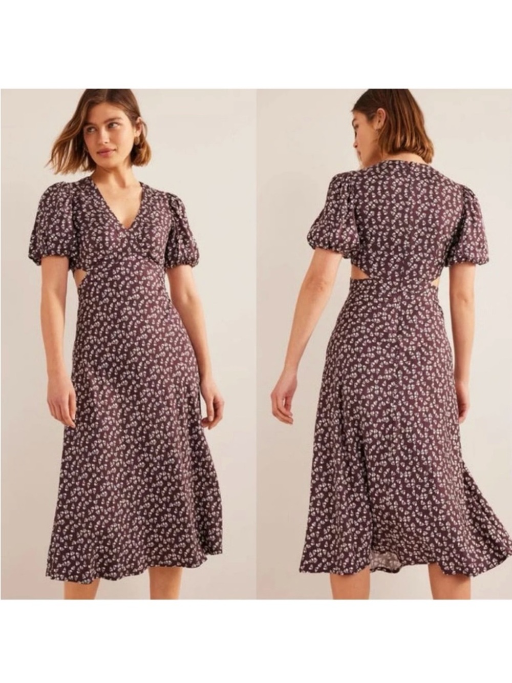 Boden Plum Floral Maxi Dress with Puff Sleeves